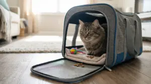 Gatto all'interno di un trasportino aperto con cibo e un giocattolo colorato