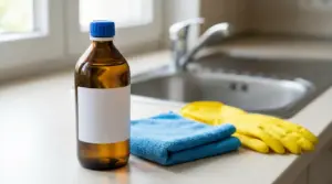 Bottiglia di acqua ossigenata su un piano di cucina con guanti e panno