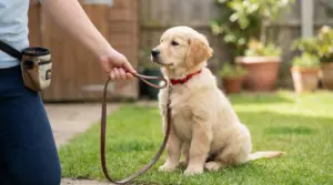 Cucciolo seduto in giardino con guinzaglio, davanti a una persona che lo addestra