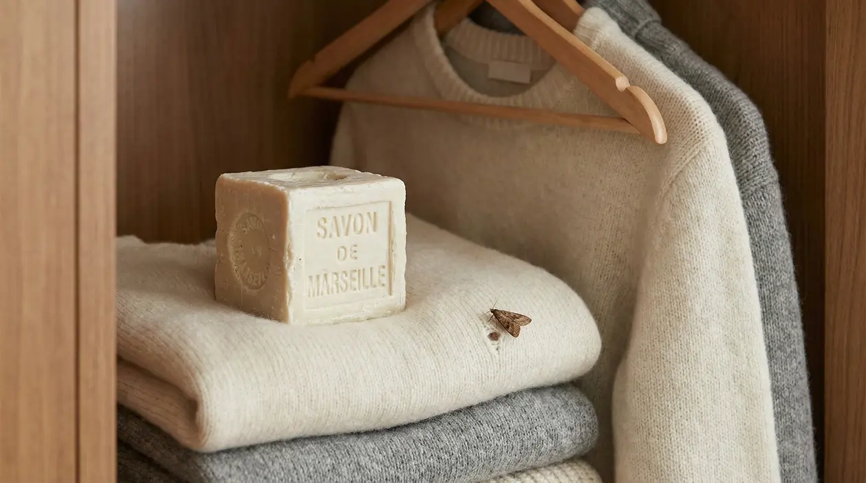 Sapone di Marsiglia su maglioni di lana in un armadio con una tarma visibile