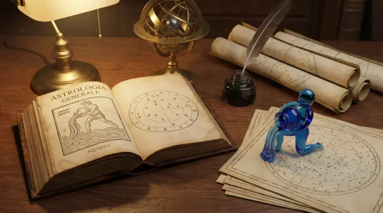 Scrivania con libro di astrologia, mappe stellari e figura simbolica dell'Acquario