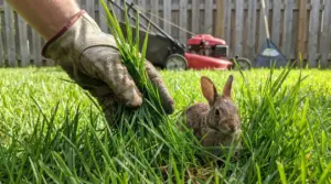 Coniglio nascosto nell'erba alta vicino a una mano guantata e a un tosaerba