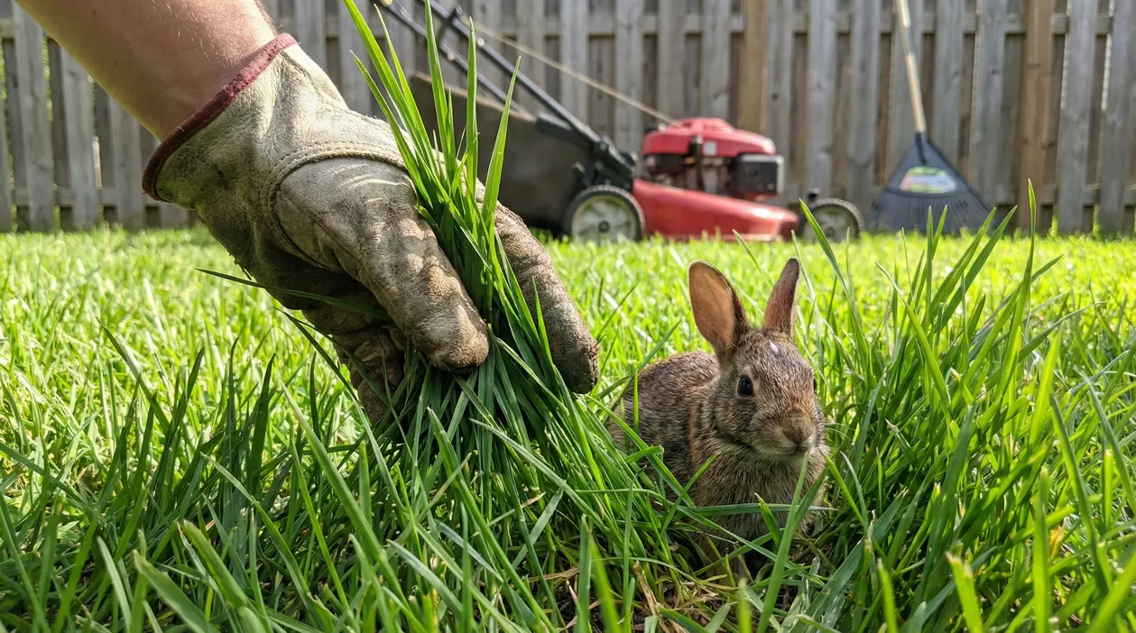 Coniglio nascosto nell'erba alta vicino a una mano guantata e a un tosaerba