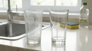 Due bicchieri su un piano cucina, uno opaco e uno trasparente, vicino a una spugna e a una bottiglia di aceto.