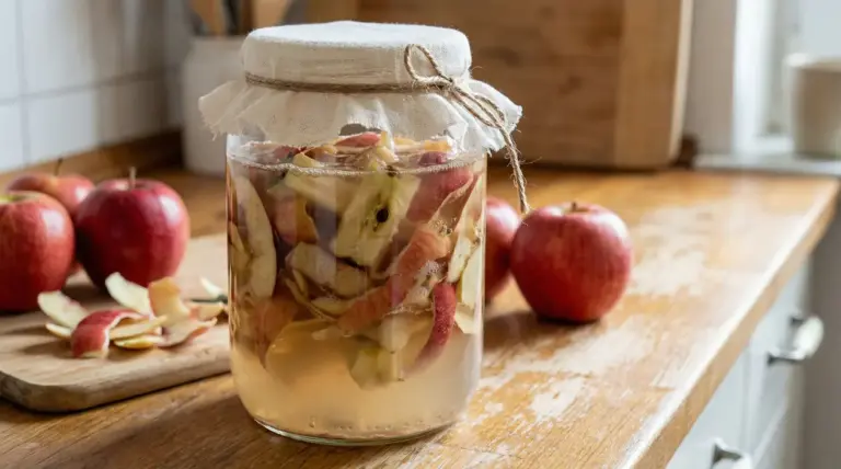 Barattolo di vetro con bucce di mela immerse in acqua su un piano da cucina