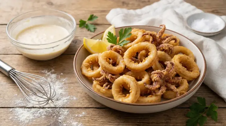 Piatto di calamari fritti con pastella croccante, accompagnato da ciotola di pastella e frusta da cucina