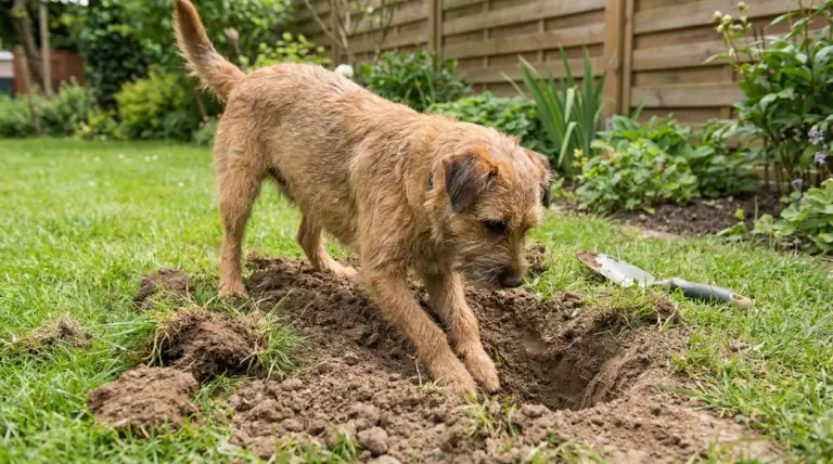 Cane che scava una buca nel giardino accanto a una paletta