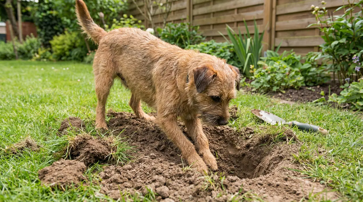 Cane che scava una buca nel giardino accanto a una paletta