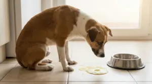 Cane che guarda del vomito sul pavimento accanto alla ciotola vuota