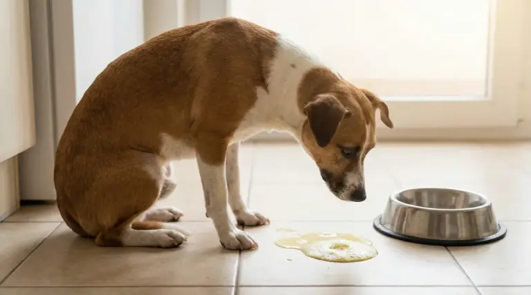 Cane che guarda del vomito sul pavimento accanto alla ciotola vuota