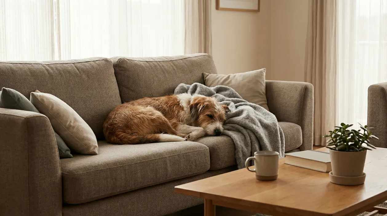 Cane che dorme da solo su un divano in un salotto tranquillo