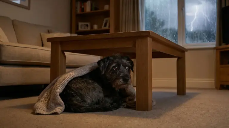 Cane impaurito nascosto sotto un tavolo durante un temporale
