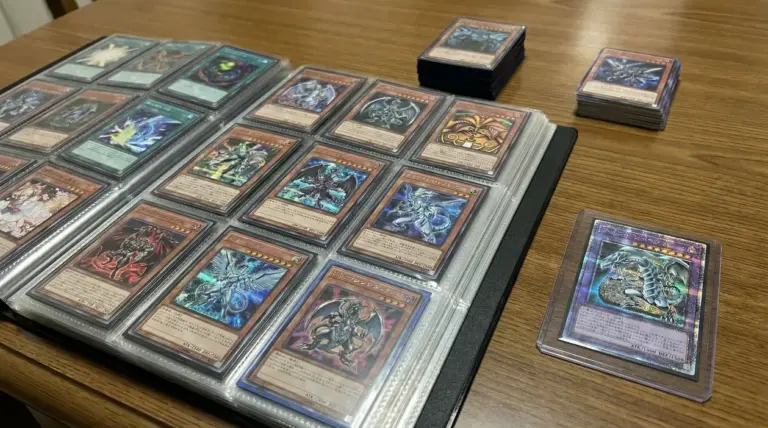 Raccolta di carte collezionabili Yu-Gi-Oh! in un album e su un tavolo di legno