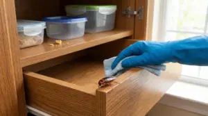 Scarafaggio su un cassetto di legno in cucina mentre una mano con guanto pulisce