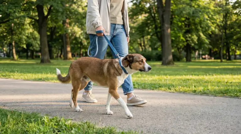 Persona porta a spasso un cane al guinzaglio in un parco alberato