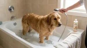 Cane bagnato nella vasca da bagno mentre viene lavato con una doccetta