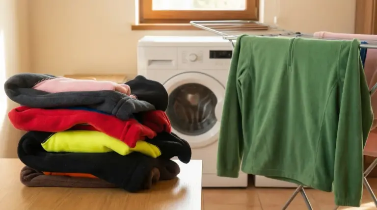 Pile colorati piegati su un tavolo accanto a uno stendino e una lavatrice