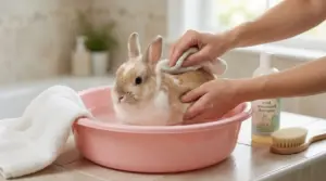 Coniglio lavato delicatamente in una bacinella rosa con un panno umido