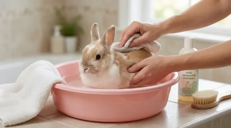 Coniglio lavato delicatamente in una bacinella rosa con un panno umido