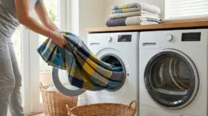 Una persona inserisce una coperta colorata in lavatrice accanto a un'asciugatrice