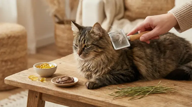 Gatto a pelo lungo spazzolato su un tavolo con alimenti e integratori naturali