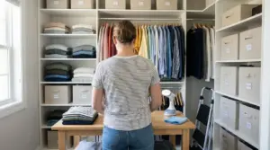 Una persona di spalle davanti a un armadio ordinato con vestiti piegati e appesi