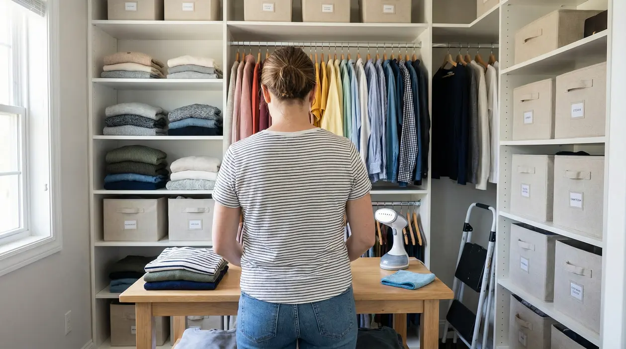 Una persona di spalle davanti a un armadio ordinato con vestiti piegati e appesi