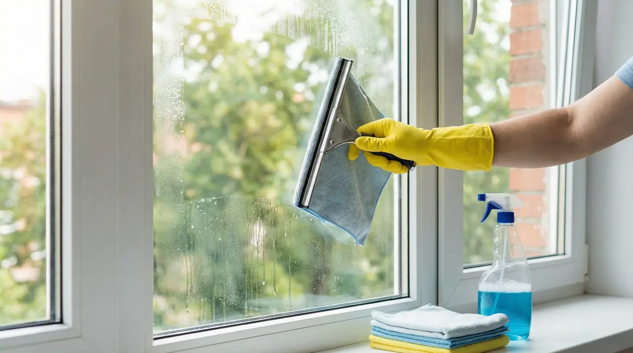 Una persona pulisce una finestra con un tergivetro e guanti gialli
