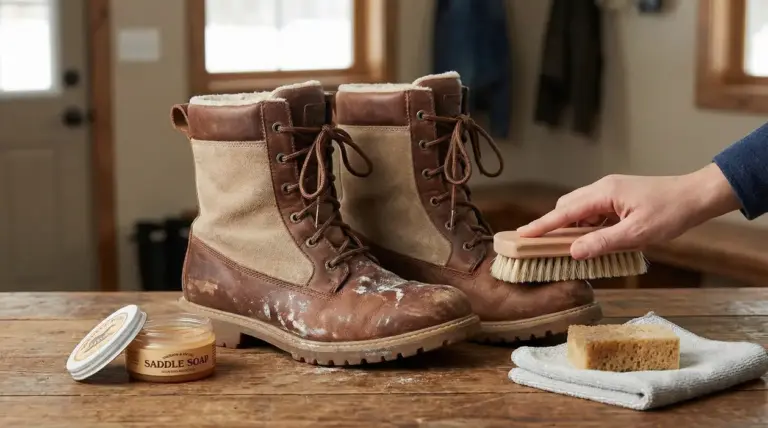 Una mano pulisce un paio di stivali invernali rovinati con una spazzola su un tavolo di legno
