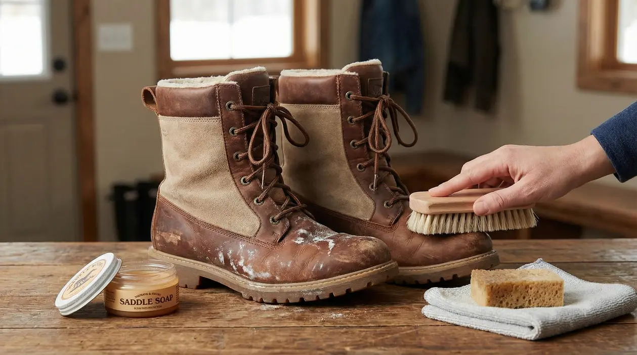 Una mano pulisce un paio di stivali invernali rovinati con una spazzola su un tavolo di legno