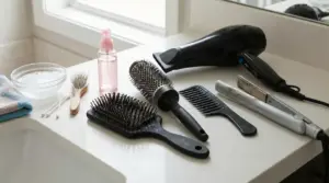 Accessori per capelli sporchi su un lavandino: spazzole, pettini, phon, piastra e strumenti per pulizia