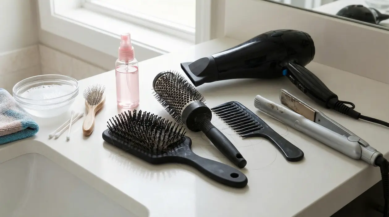 Accessori per capelli sporchi su un lavandino: spazzole, pettini, phon, piastra e strumenti per pulizia