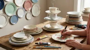 Una persona decora piatti sbeccati con pennarello su un tavolo di legno, circondato da piatti rotti