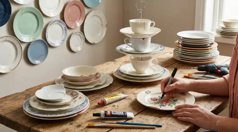Una persona decora piatti sbeccati con pennarello su un tavolo di legno, circondato da piatti rotti