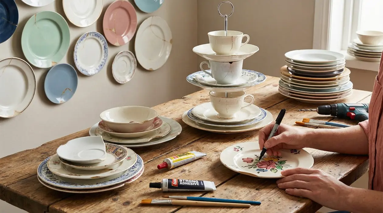 Una persona decora piatti sbeccati con pennarello su un tavolo di legno, circondato da piatti rotti