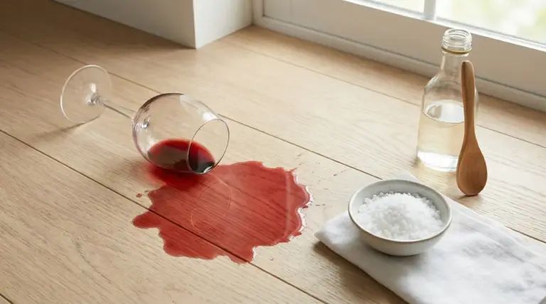 Macchia di vino rosso su un pavimento in legno con bicchiere rovesciato, sale e aceto bianco