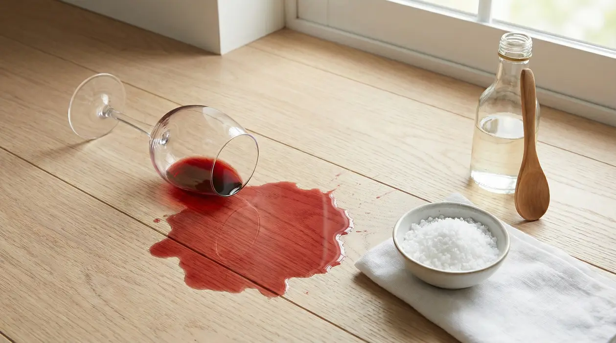Macchia di vino rosso su un pavimento in legno con bicchiere rovesciato, sale e aceto bianco