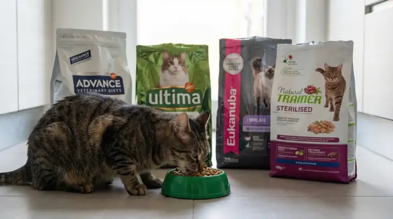 Gatto che mangia crocchette da una ciotola verde con confezioni di cibo per gatti sullo sfondo