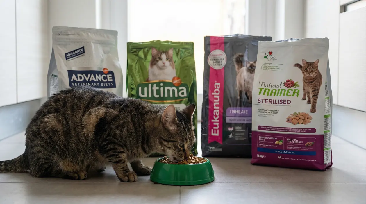 Gatto che mangia crocchette da una ciotola verde con confezioni di cibo per gatti sullo sfondo