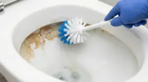 Persona con guanti pulisce macchie di calcare da un WC con una spazzola