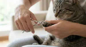 Persona che taglia le unghie a un gatto con un tronchesino