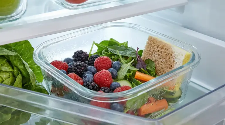 Contenitore con frutta, verdura e una spugnetta all'interno di un frigorifero