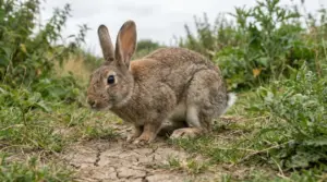 Coniglio marrone accovacciato su un sentiero sterrato circondato da erba e piante