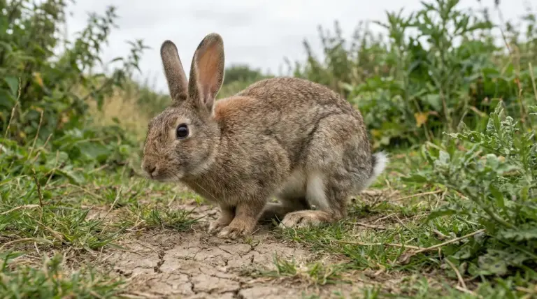 Coniglio marrone accovacciato su un sentiero sterrato circondato da erba e piante