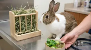 Coniglio accanto a una mangiatoia con fieno e una ciotola con verdure su un tavolo veterinario