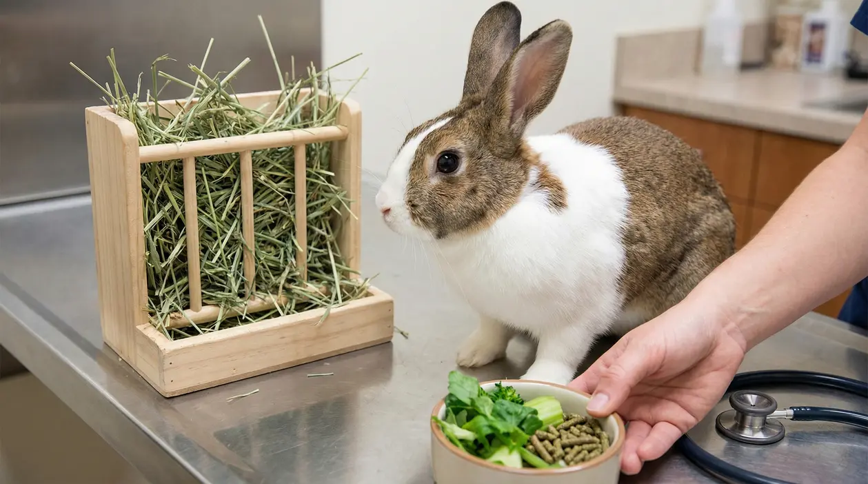 Coniglio accanto a una mangiatoia con fieno e una ciotola con verdure su un tavolo veterinario