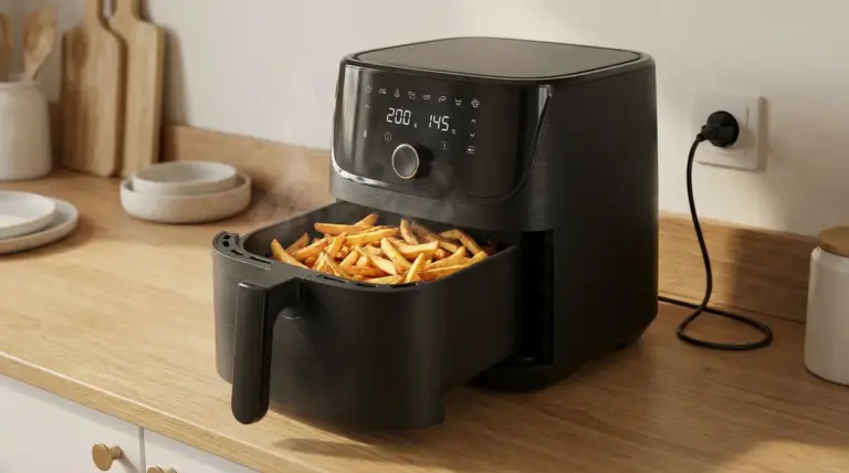 Friggitrice ad aria in funzione con patatine fritte su un piano cucina