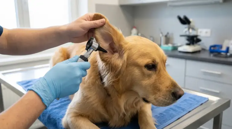 Veterinario controlla l'orecchio di un cane su un tavolo da visita