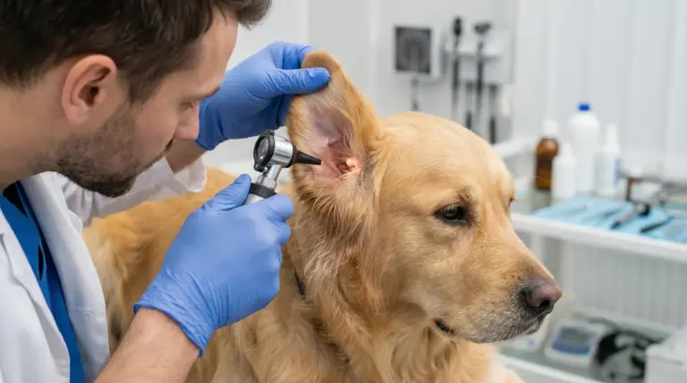 Veterinario controlla l’orecchio di un cane con uno strumento otoscopico