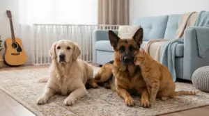 Due cani e un gatto si rilassano insieme su un tappeto in salotto